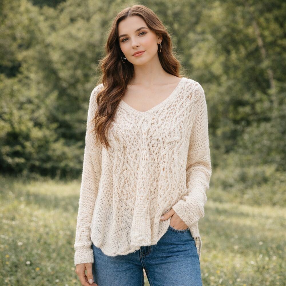 Free People Open Knit Cream Sweater Size XS Boho High Low Lightweight Festival